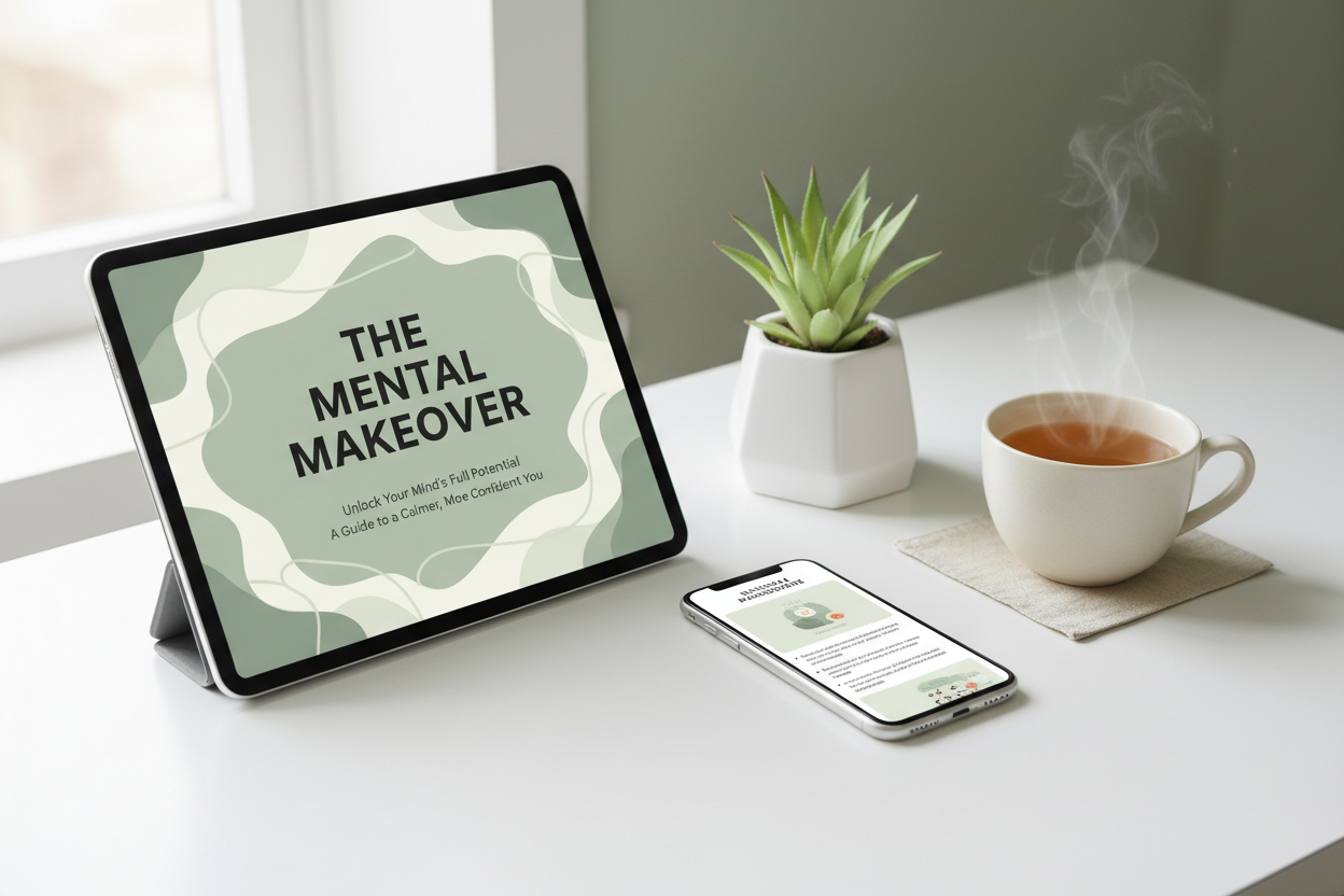 The Mental Makeover ebook displayed on a tablet and smartphone in a calm wellness setting